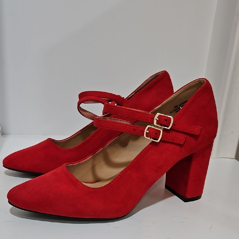 Comfort Est 1946 Women's Red Suede Double-Strap Block Heel Pumps